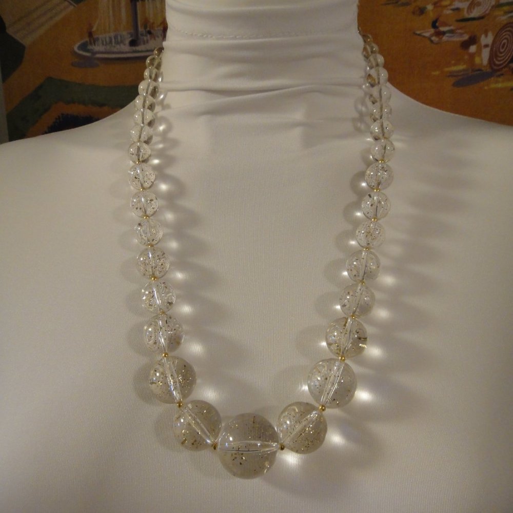 Vintage Graduated Clear Lucite Acrylic Round Bead Necklace Gold  26 "